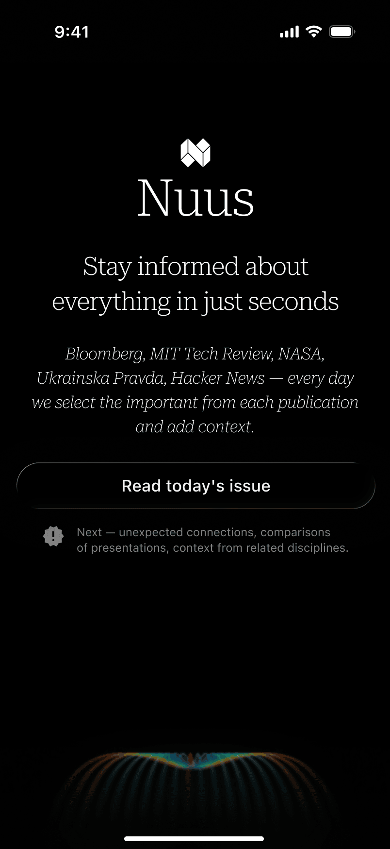 Nuus news app onboarding — welcome screen with the app tagline and a call to read today's issue